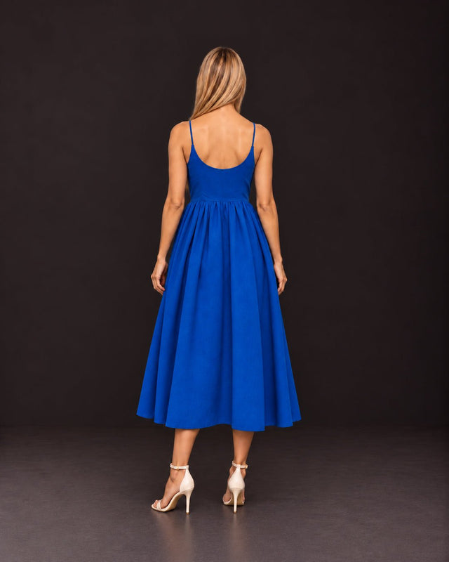 Medium Indigo Gathered Handwoven Mulberry Silk Midi Dress - Dress - Mizyana