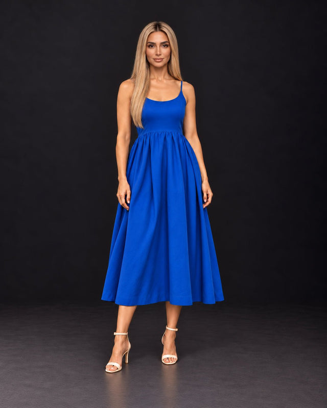 Medium Indigo Gathered Handwoven Mulberry Silk Midi Dress - Dress - Mizyana