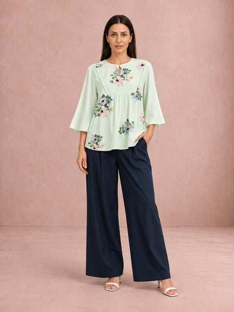 Mint Floral Chanderi Blouse and Navy Linen Trousers Two-Piece Set - Two-Piece Set - Mizyana