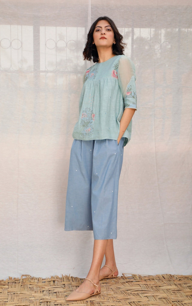 Mint Green Multi Printed Panelled Linen Top - Shirt - Mizyana
