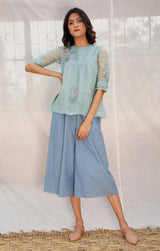 Mint Green Multi Printed Panelled Linen Top - Shirt - Mizyana