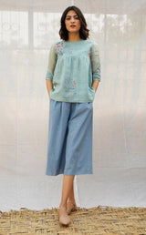 Mint Green Multi Printed Panelled Linen Top - Shirt - Mizyana