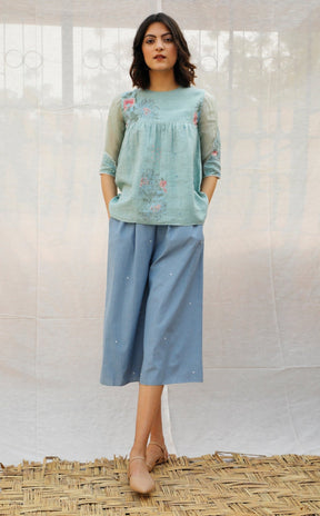 Mint Green Multi Printed Panelled Linen Top - Shirt - Mizyana