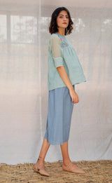 Mint Green Multi Printed Panelled Linen Top - Shirt - Mizyana