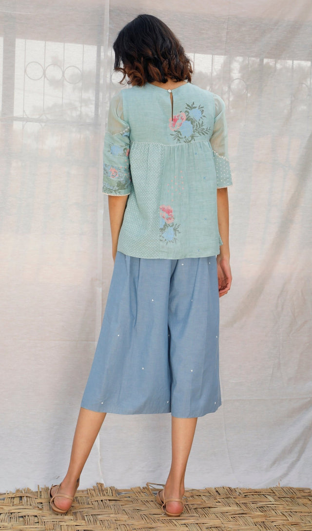 Mint Green Multi Printed Panelled Linen Top - Shirt - Mizyana