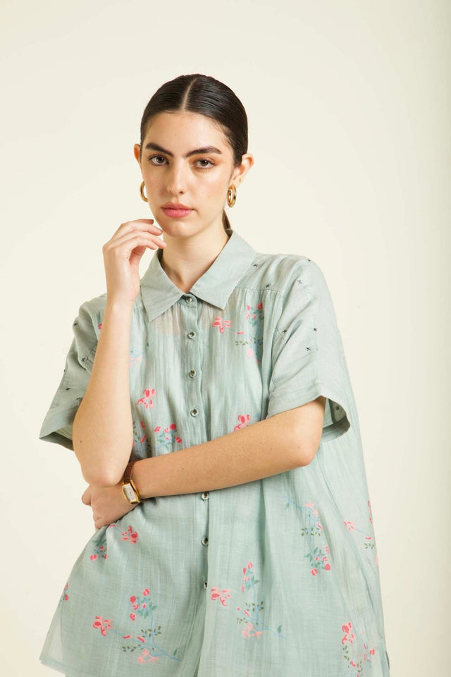 Mint Kaftan Shirt In Mul Chanderi With Embroidery Details And Straight Pants In Silk Chanderi - Two-Piece Set - Mizyana