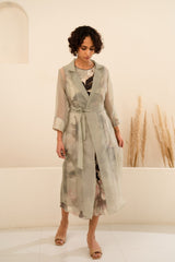 MINT ORGANZA SOLID JACKET + SCATTERED PETALS LINEN JUMPSUIT - Two-Piece Set - Mizyana