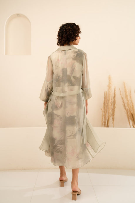 MINT ORGANZA SOLID JACKET + SCATTERED PETALS LINEN JUMPSUIT - Two-Piece Set - Mizyana