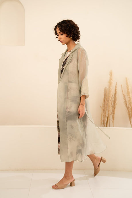 MINT ORGANZA SOLID JACKET + SCATTERED PETALS LINEN JUMPSUIT - Two-Piece Set - Mizyana