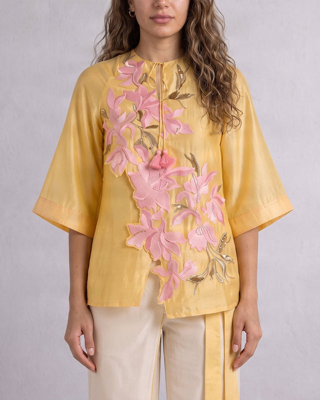 Mirza Butter Yellow Floral Chanderi Silk Top and Flap Pant Two-Piece Set - Two-Piece Set - Mizyana