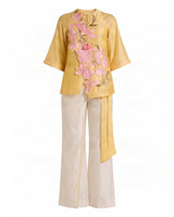 Mirza Butter Yellow Floral Chanderi Silk Top and Flap Pant Two-Piece Set - Two-Piece Set - Mizyana