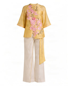 Mirza Butter Yellow Floral Chanderi Silk Top and Flap Pant Two-Piece Set - Two-Piece Set - Mizyana
