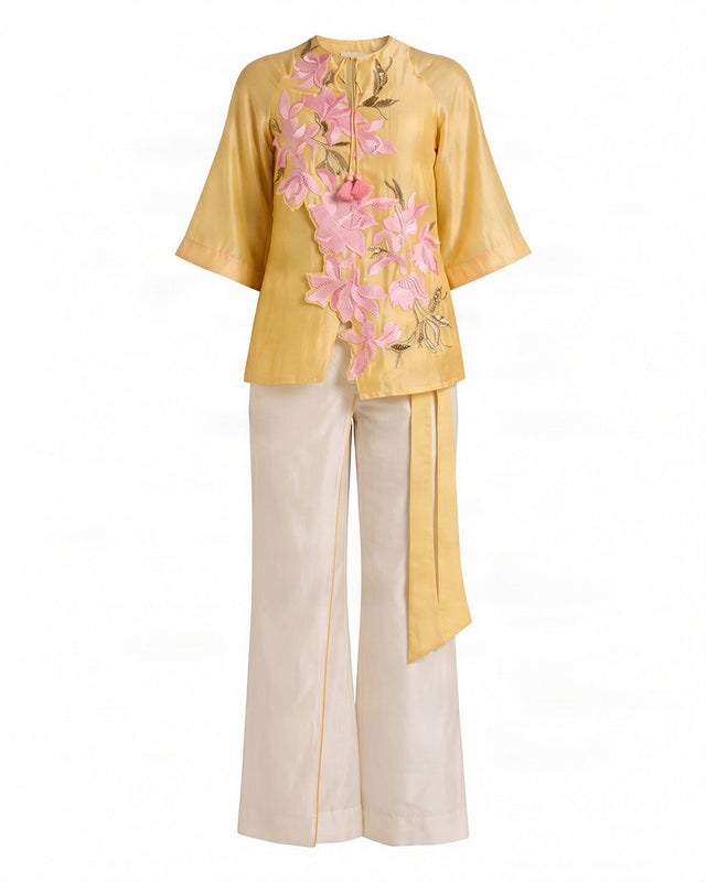 Mirza Butter Yellow Floral Chanderi Silk Top and Flap Pant Two-Piece Set - Two-Piece Set - Mizyana