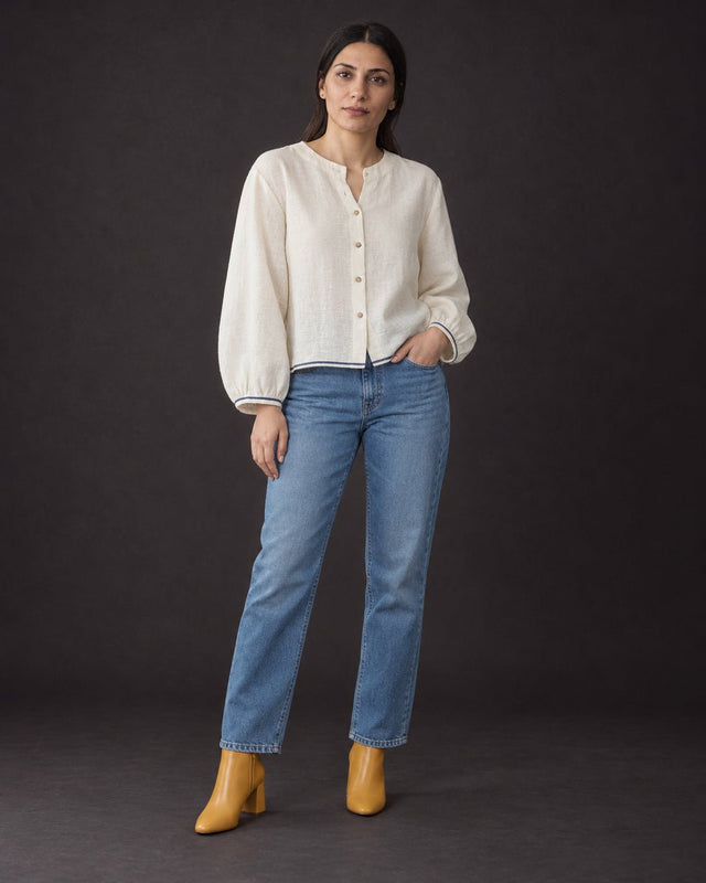 Mogra Ivory Organic Kala Cotton Blouse with Balloon Sleeves - Blouse - Mizyana