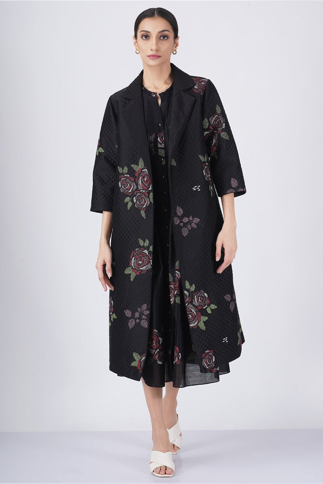 Multicolor rose print pleated dress with Multicolor rose printed quilted jacket - Dress - Mizyana