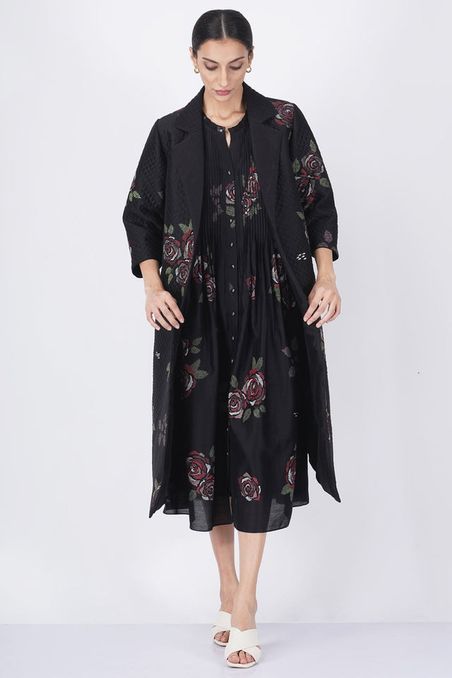 Multicolor rose print pleated dress with Multicolor rose printed quilted jacket - Dress - Mizyana