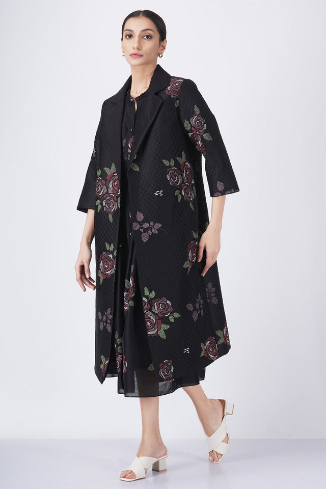 Multicolor rose print pleated dress with Multicolor rose printed quilted jacket - Dress - Mizyana