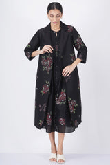 Multicolor rose print pleated dress with Multicolor rose printed quilted jacket - Dress - Mizyana