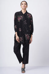 Multicolor rose printed shirt with fish embroidery with solid pant - Two-Piece Set - Mizyana