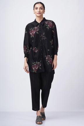 Multicolor rose printed shirt with fish embroidery with solid pant - Two-Piece Set - Mizyana