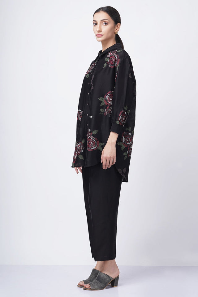 Multicolor rose printed shirt with fish embroidery with solid pant - Two-Piece Set - Mizyana