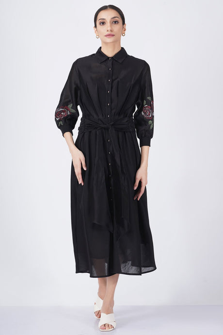 Multicolor rose printed sleeve dress from ARCVSH by Pallavi Singh, black shirt dress with rose sleeves, front view