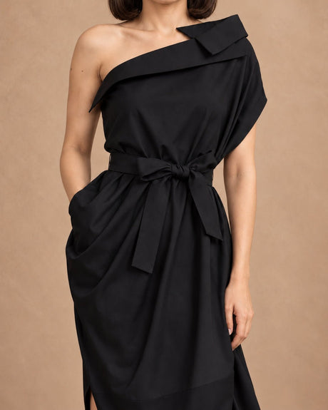 Naku Black One-Shoulder Dress with Tie Belt - Dress - Mizyana