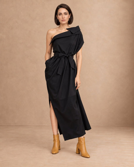 Naku Black One-Shoulder Dress with Tie Belt - Dress - Mizyana