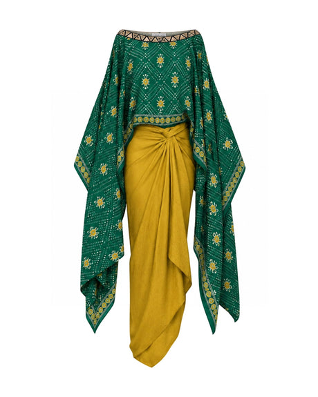 Naqsh Emerald Bandhani Cape Top and Mustard Draped Skirt Two-Piece Set - Two-Piece Set - Mizyana