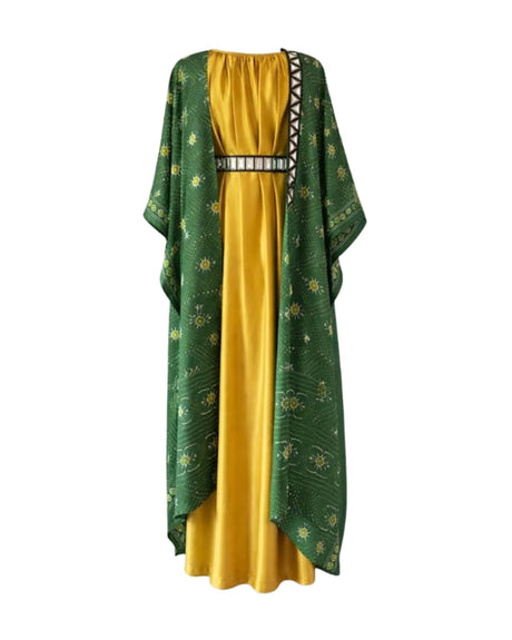 Naqsh Emerald Bandhani Print Cape and Mustard Dress Co-ord Set - Co-ord Set - Mizyana