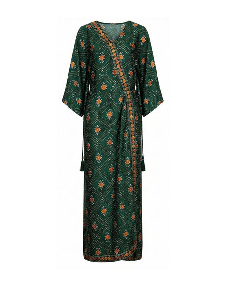 Naqsh Forest Green Bandhani Print Wrap Kaftan - Kaftan - Mizyana