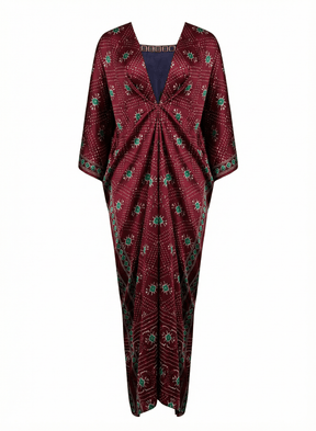 Naqsh Purple Bandhani Print Satin Kaftan with Tassel Ties - Kaftan - Mizyana
