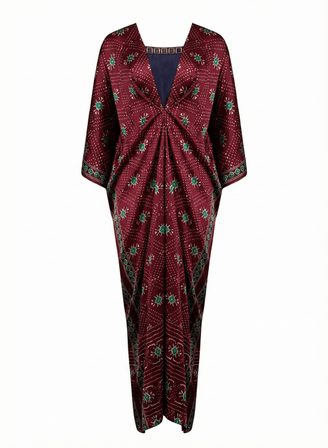 Naqsh Purple Bandhani Print Satin Kaftan with Tassel Ties - Kaftan - Mizyana