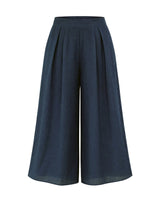 Navy Blue Flared Mid-Calf Linen Culottes - Culottes - Mizyana