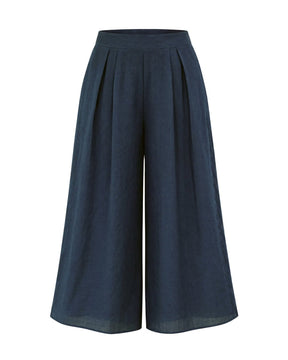 Navy Blue Flared Mid-Calf Linen Culottes - Culottes - Mizyana