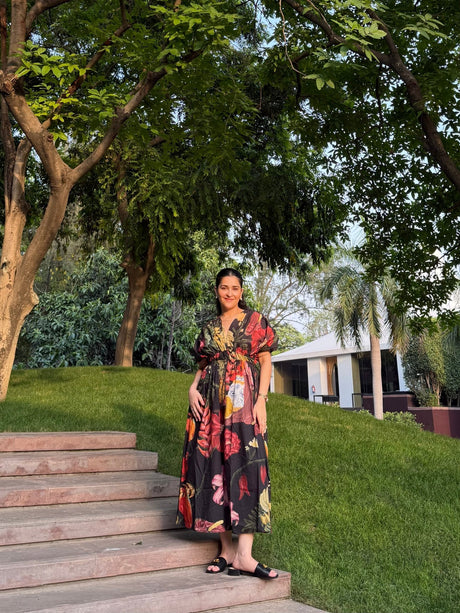 Nirvana Dress in Sol Garden print (Midnight Black) - Dress - Mizyana