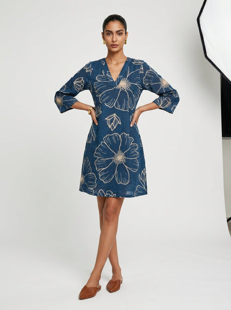 Model wearing the Noa Blue Cotton Dress with hands on hips showing the three quarter sleeves
