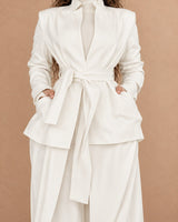 Nokita White Belted Stand-Collar Abaya - Abaya - Mizyana