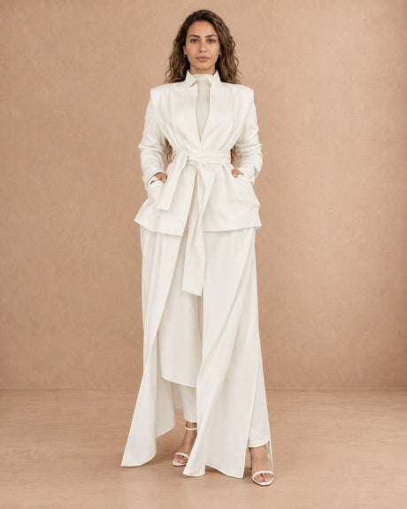 Nokita White Belted Stand-Collar Abaya - Abaya - Mizyana