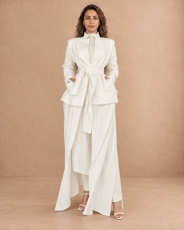 Nokita White Belted Stand-Collar Abaya - Abaya - Mizyana