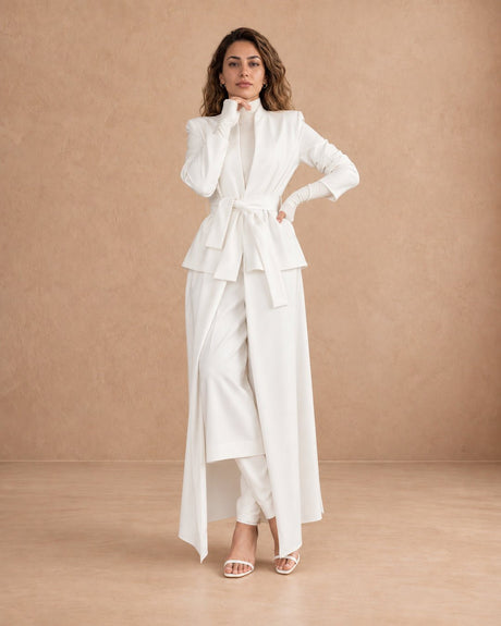 Nokita White Belted Stand-Collar Abaya - Abaya - Mizyana