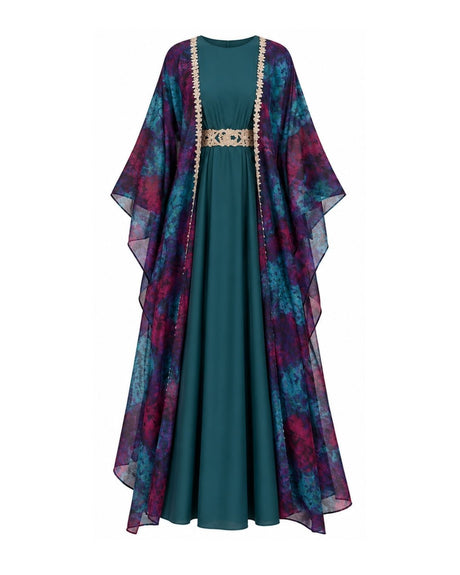 Nujoom Teal Dress and Abstract Floral Cape Three-Piece Set - Three-Piece Set - Mizyana