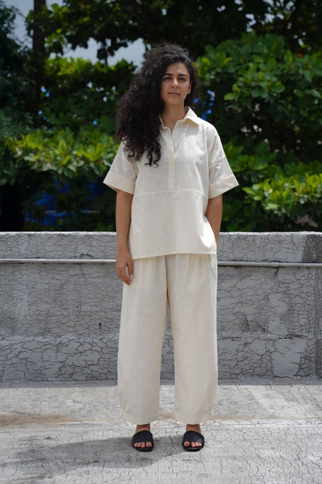 Oatmeal Ekin Shirt & Hera Cotton Co-Ord Set by MATI, cream collared shirt with matching pants, front view