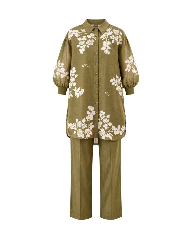 Olive Discharge Print Chanderi Shirt and Pants Two-Piece Set - Two-Piece Set - Mizyana