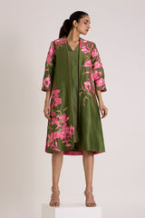 Olive Green Rafiya - Midi Jacket + Slip Dress - Two-Piece Set - Mizyana