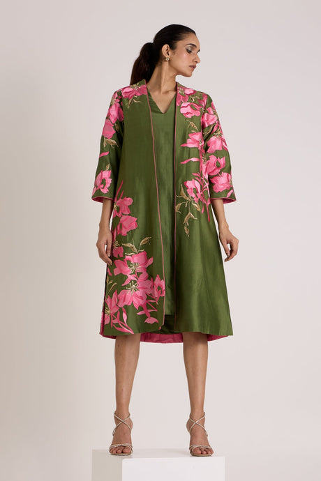 Olive Green Rafiya - Midi Jacket + Slip Dress - Two-Piece Set - Mizyana