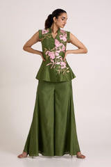 Olive Green Stacy - Peplum Vest + Flare Pants - Two-Piece Set - Mizyana