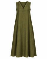 Olive Sleeveless V-Neck Handwoven Silk Midi Dress - Dress - Mizyana