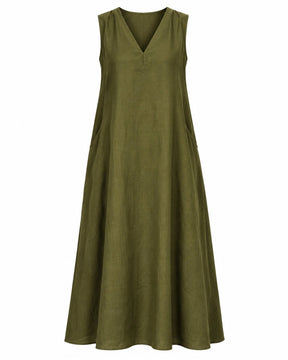 Olive Sleeveless V-Neck Handwoven Silk Midi Dress - Dress - Mizyana