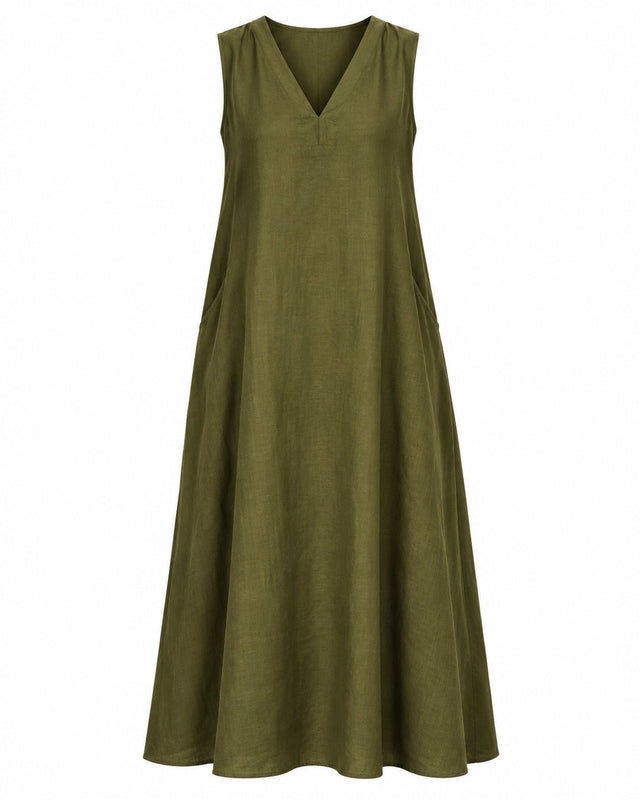 Olive Sleeveless V-Neck Handwoven Silk Midi Dress - Dress - Mizyana
